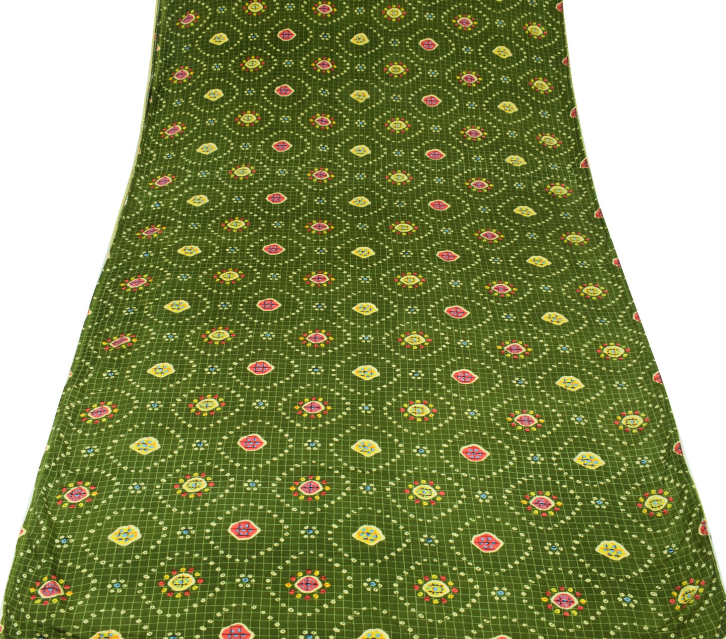 Sushila Vintage Green Saree 100% Pure Cotton Bandhani Printed Soft Craft Fabric