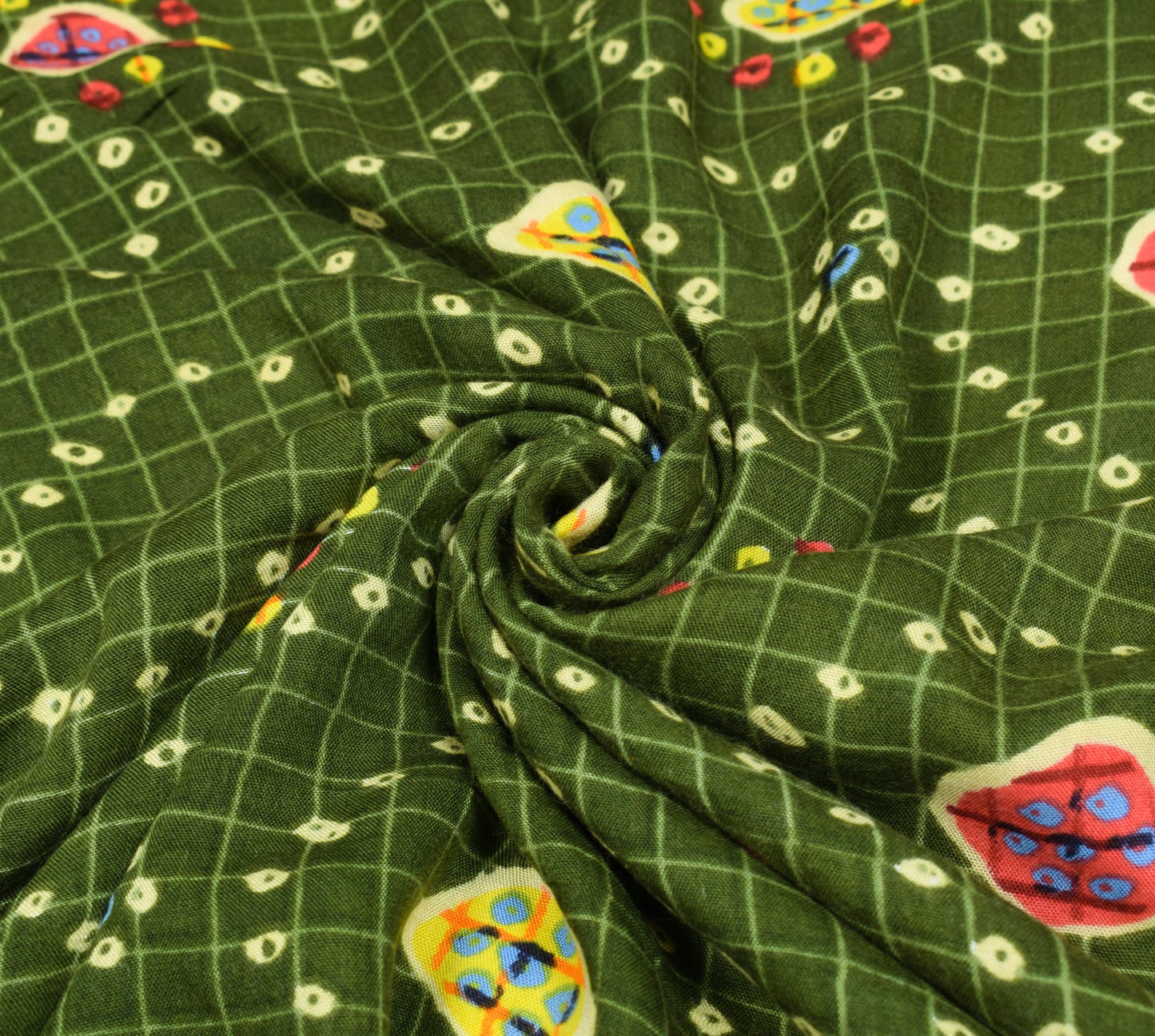 Sushila Vintage Green Saree 100% Pure Cotton Bandhani Printed Soft Craft Fabric