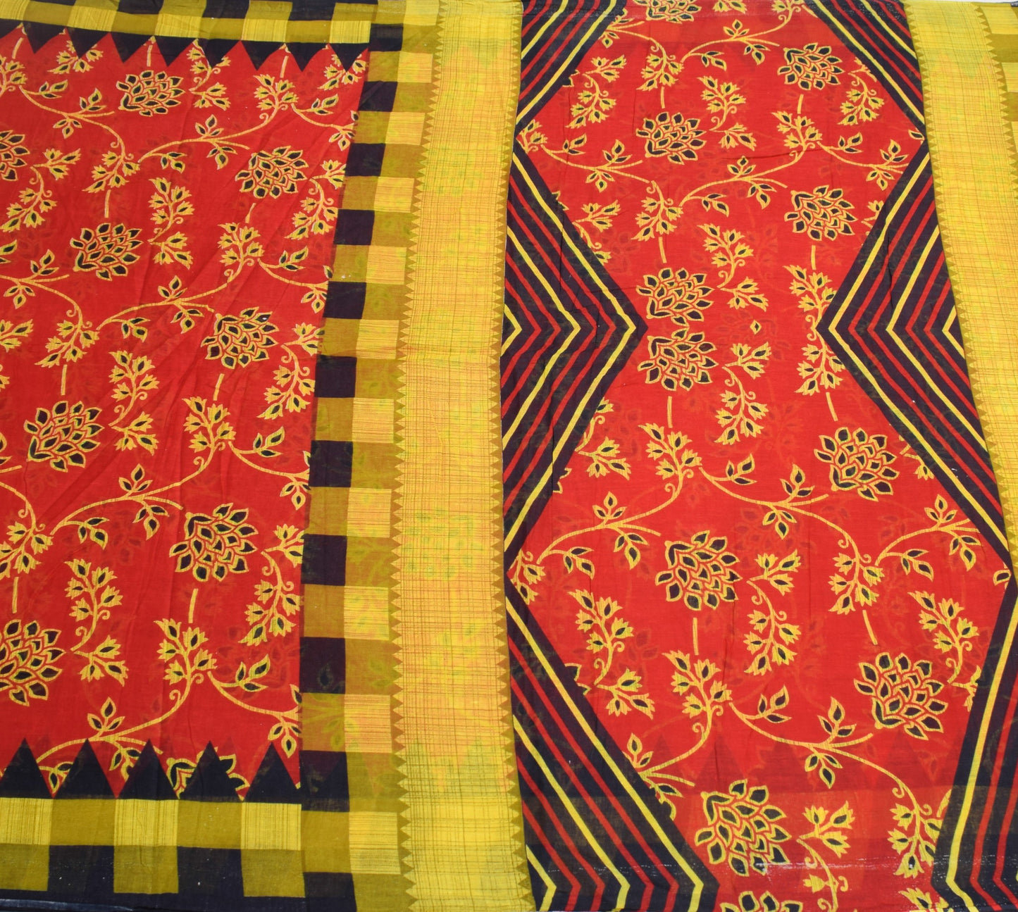 Sushila Vintage Floral Red Saree 100% Pure Cotton Printed Sari 5 Yd Craft Fabric