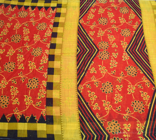Sushila Vintage Floral Red Saree 100% Pure Cotton Printed Sari 5 Yd Craft Fabric