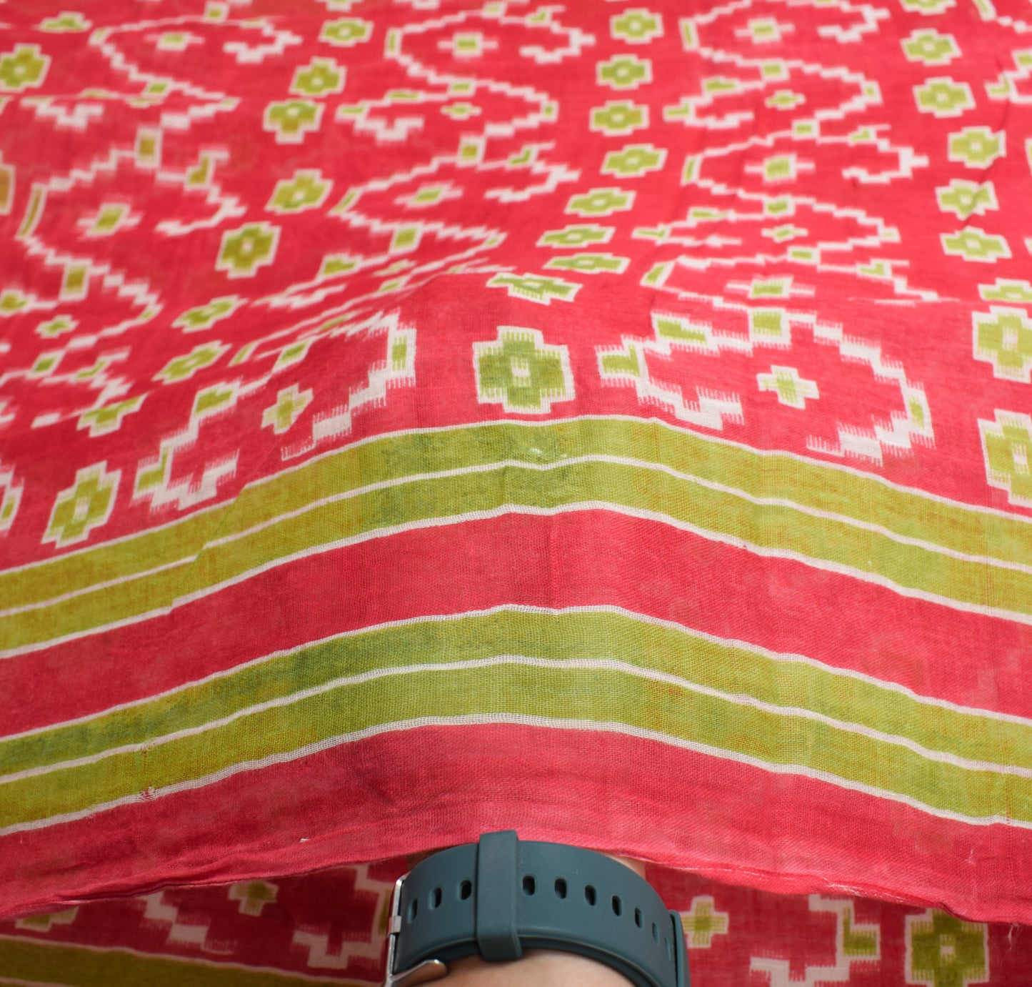 Sushila Vintage Red Green Saree Pure Cotton Printed Geometric Soft Craft Fabric