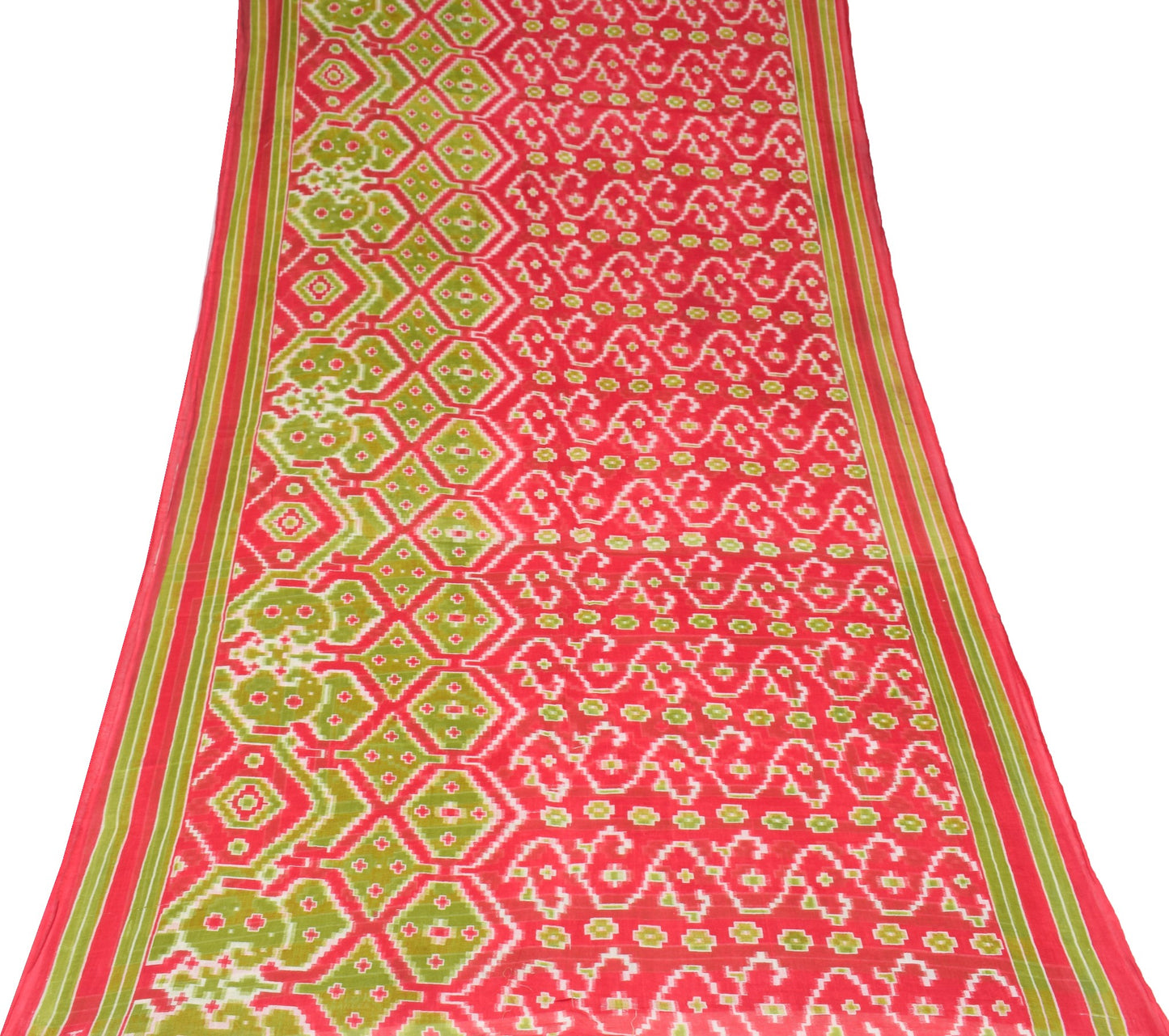 Sushila Vintage Red Green Saree Pure Cotton Printed Geometric Soft Craft Fabric
