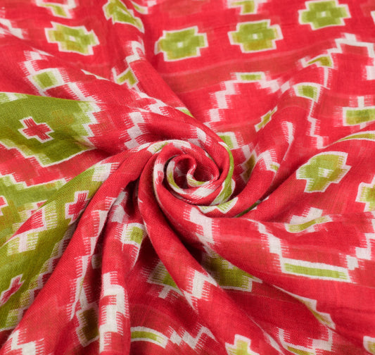 Sushila Vintage Red Green Saree Pure Cotton Printed Geometric Soft Craft Fabric