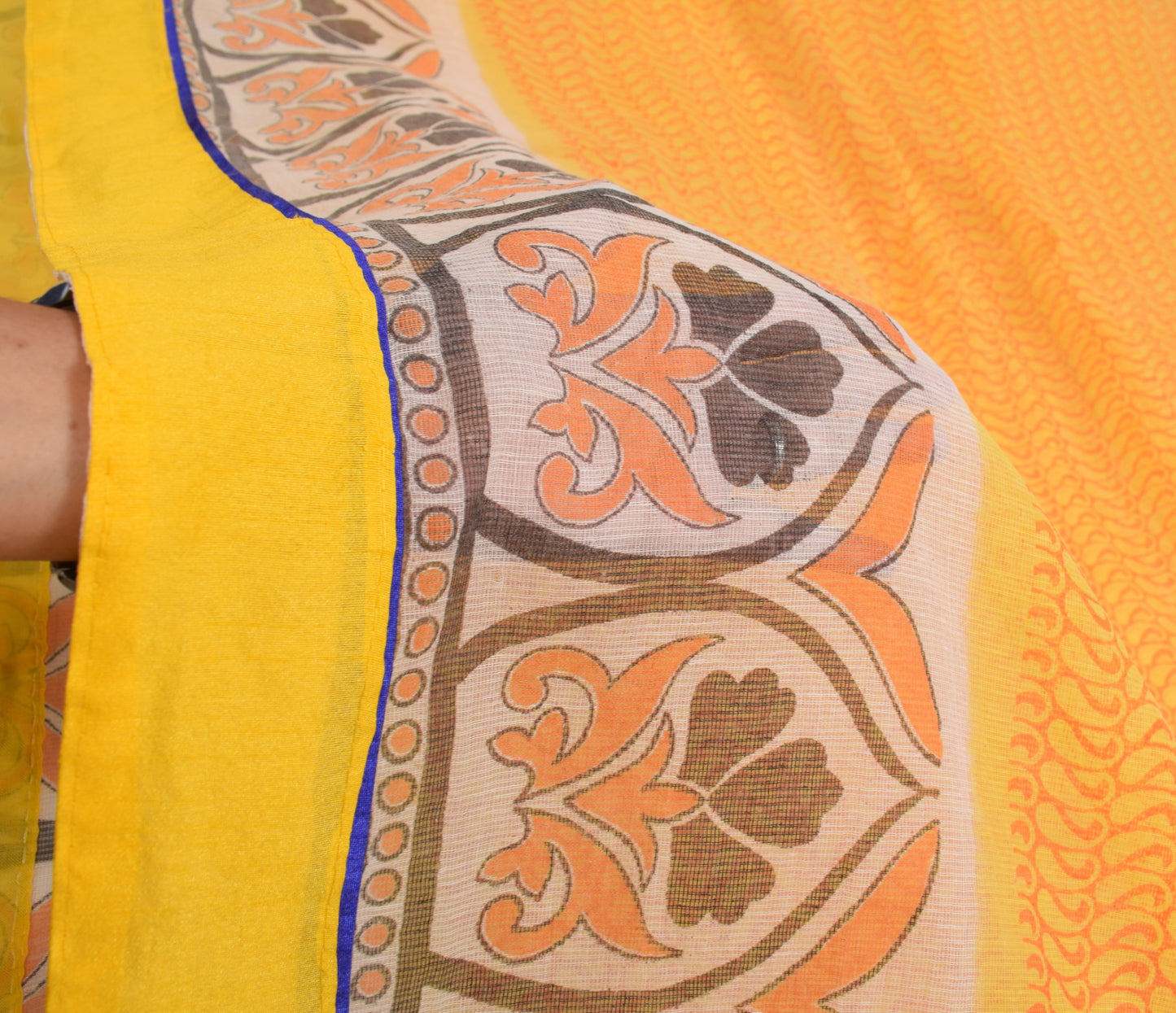 Sushila Vintage Yellow Saree with Border Art Cotton Printed Paisley Craft Fabric