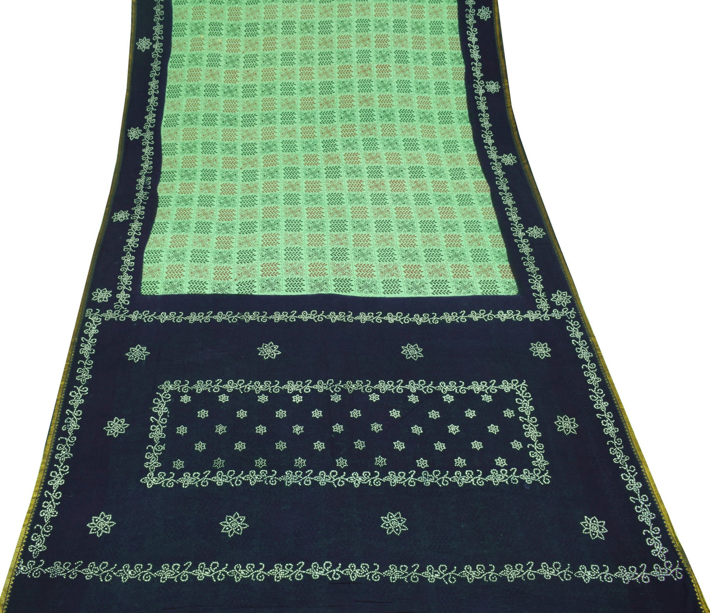 Sushila Vintage Green Saree Pure Cotton Hand Printed Floral Soft Craft Fabric