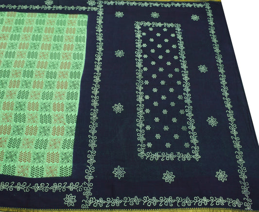 Sushila Vintage Green Saree Pure Cotton Hand Printed Floral Soft Craft Fabric