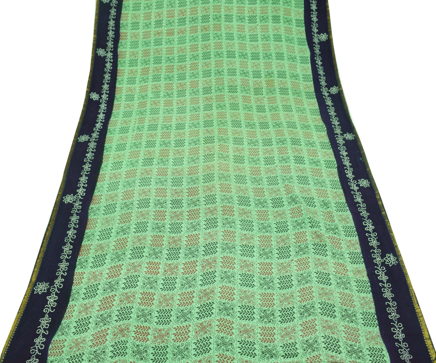 Sushila Vintage Green Saree Pure Cotton Hand Printed Floral Soft Craft Fabric