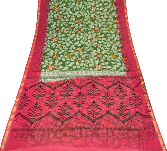 Sushila Vintage Green Saree Pure Cotton Hand Printed Kalamkari Soft Craft Fabric