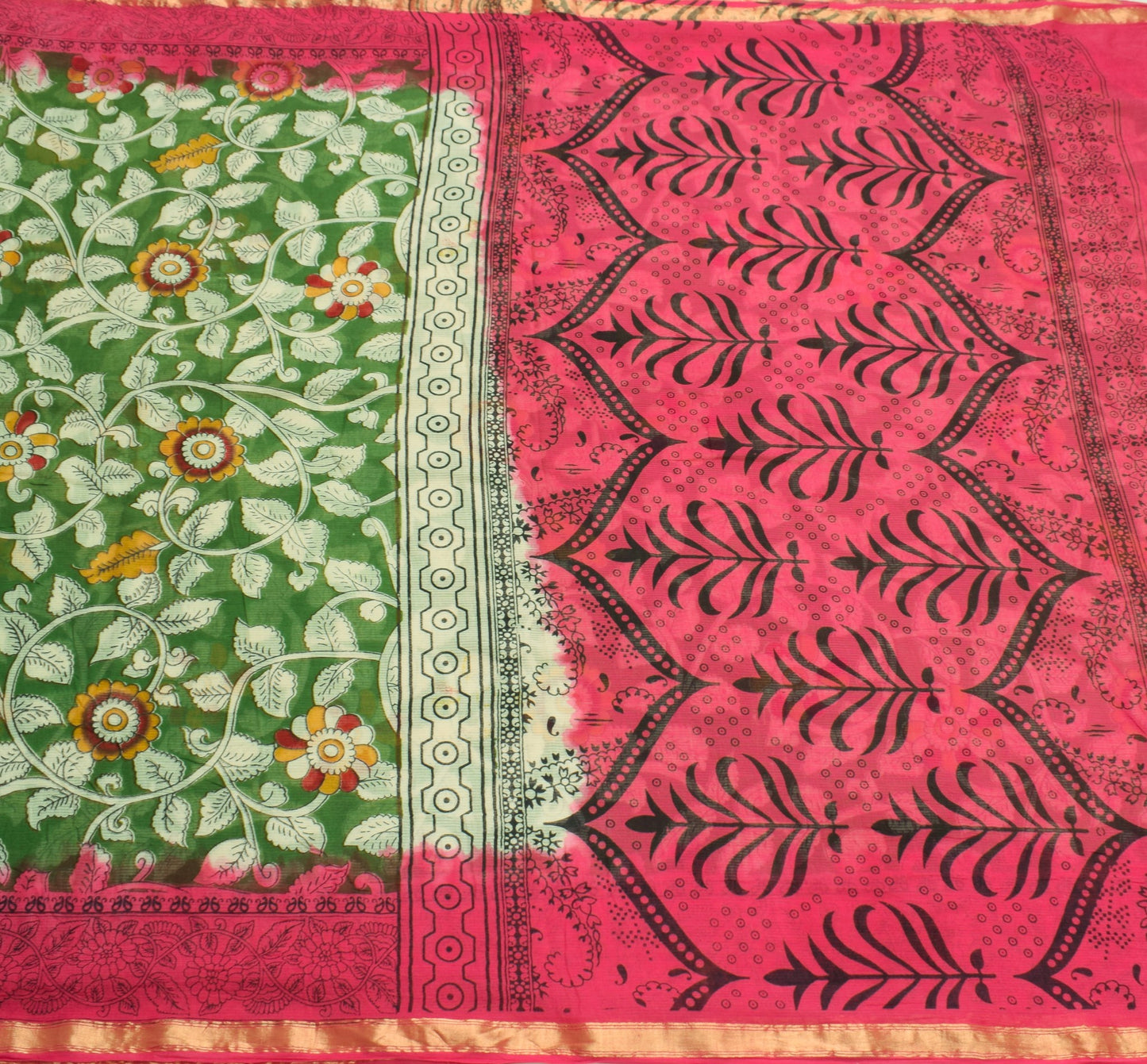 Sushila Vintage Green Saree Pure Cotton Hand Printed Kalamkari Soft Craft Fabric