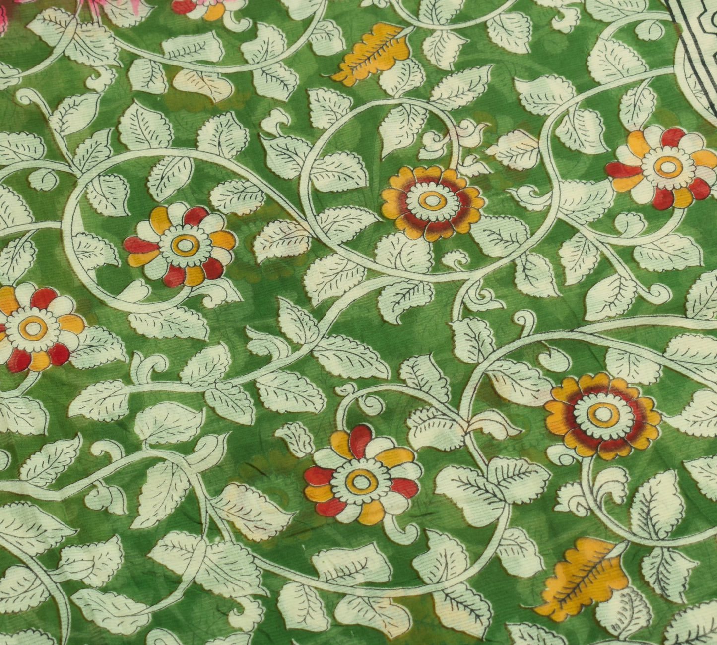 Sushila Vintage Green Saree Pure Cotton Hand Printed Kalamkari Soft Craft Fabric