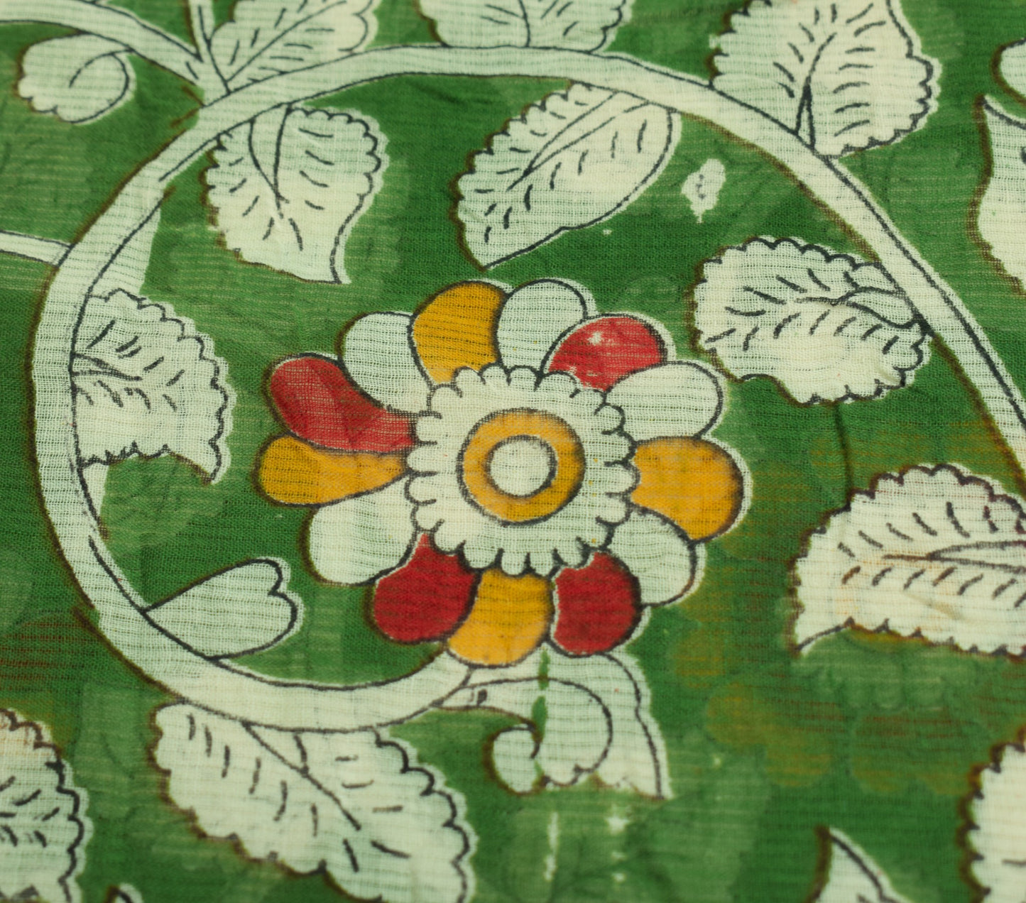 Sushila Vintage Green Saree Pure Cotton Hand Printed Kalamkari Soft Craft Fabric
