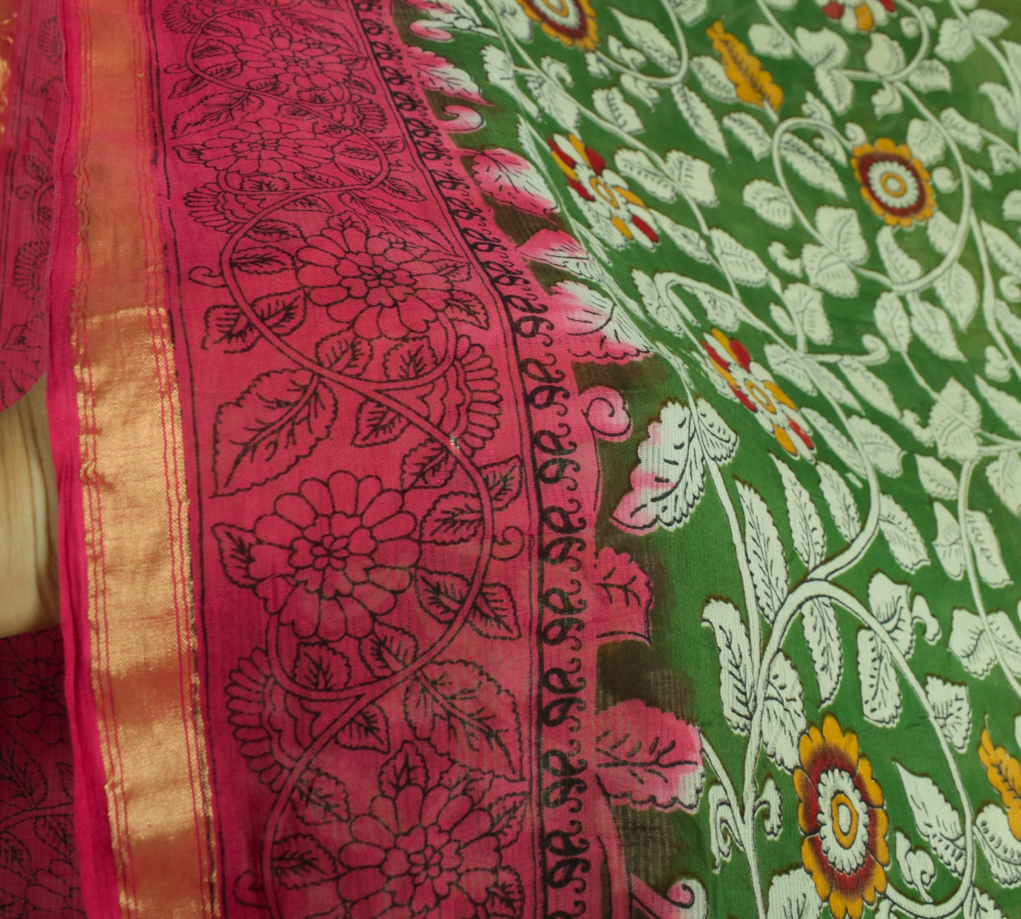 Sushila Vintage Green Saree Pure Cotton Hand Printed Kalamkari Soft Craft Fabric