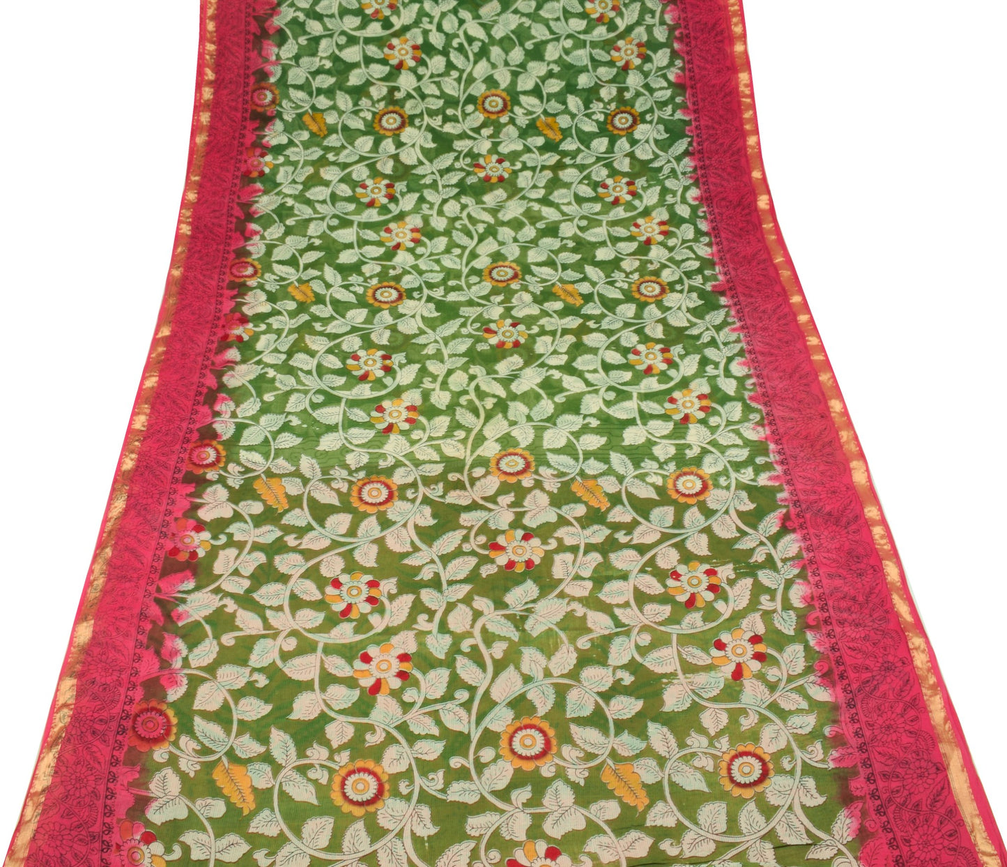 Sushila Vintage Green Saree Pure Cotton Hand Printed Kalamkari Soft Craft Fabric