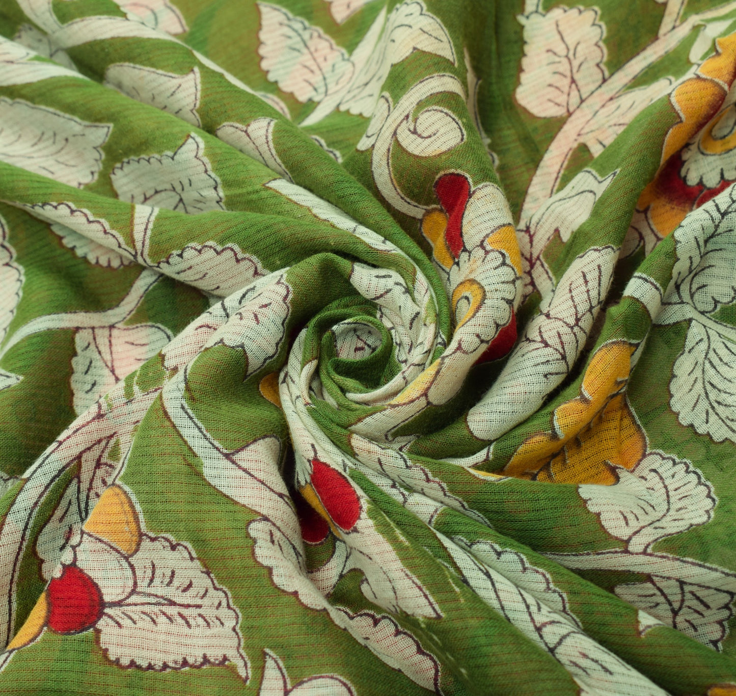 Sushila Vintage Green Saree Pure Cotton Hand Printed Kalamkari Soft Craft Fabric
