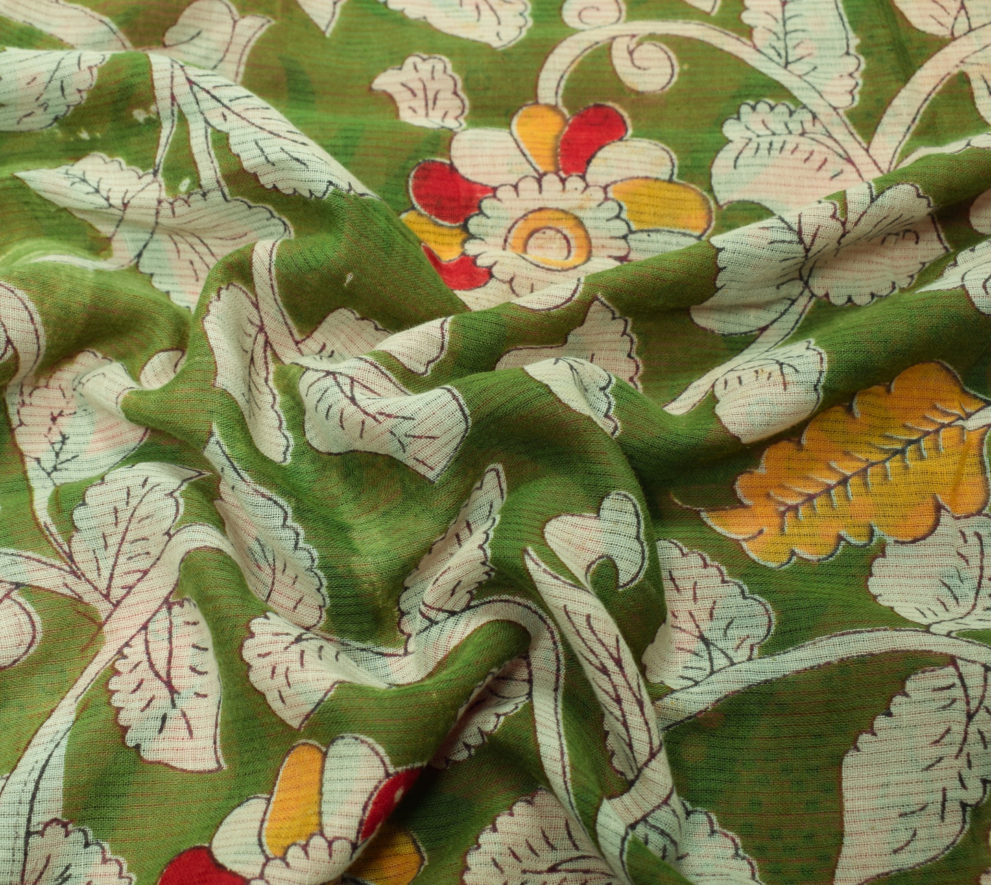 Sushila Vintage Green Saree Pure Cotton Hand Printed Kalamkari Soft Craft Fabric