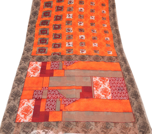 Sushila Vintage Orange Saree 100% Pure Cotton Geometrical Printed Craft Fabric