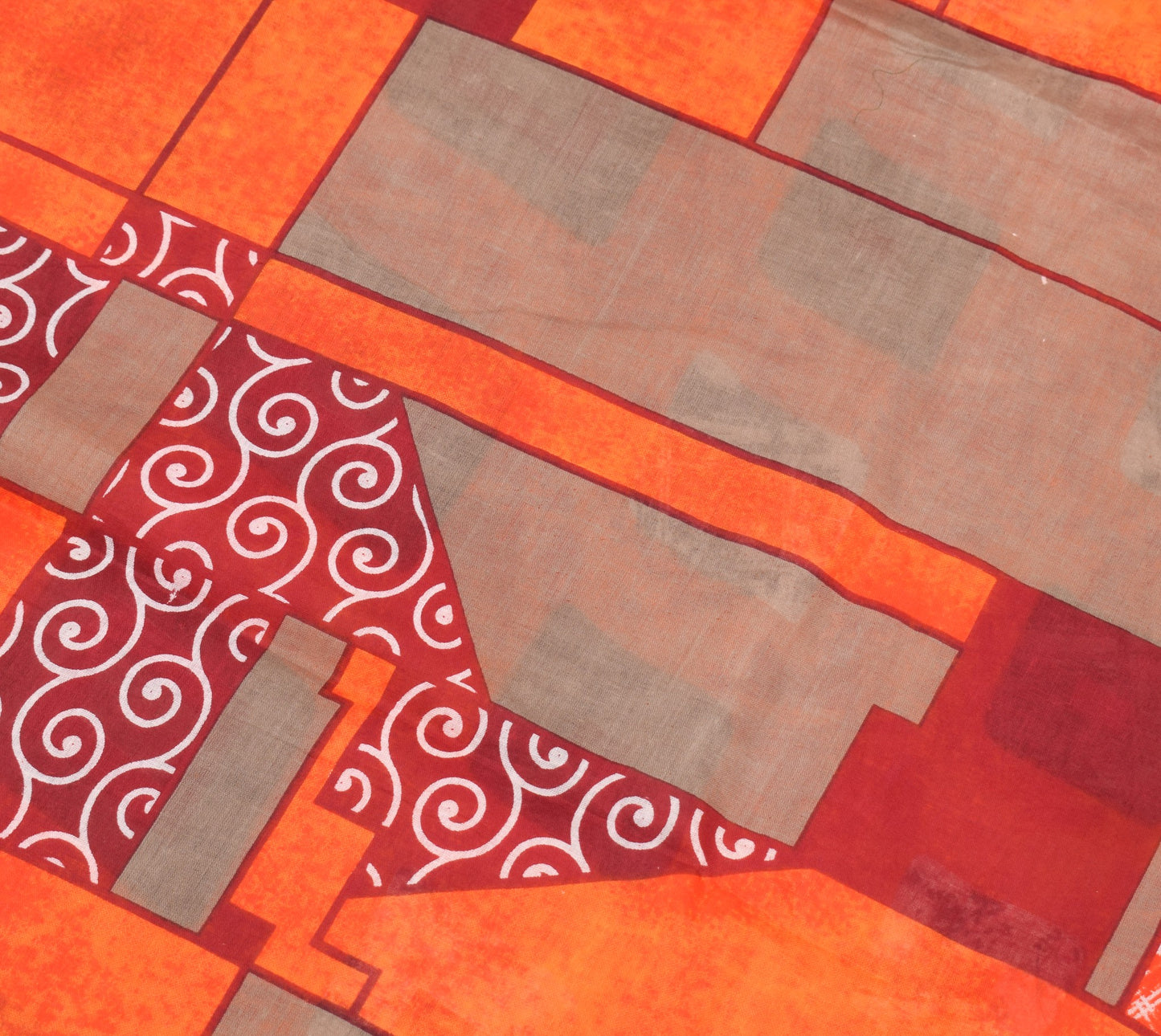 Sushila Vintage Orange Saree 100% Pure Cotton Geometrical Printed Craft Fabric