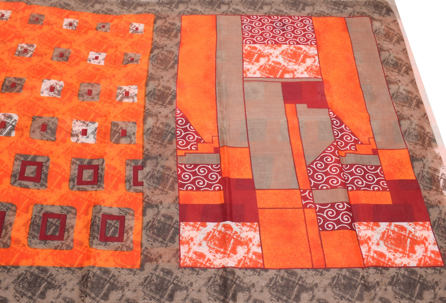Sushila Vintage Orange Saree 100% Pure Cotton Geometrical Printed Craft Fabric