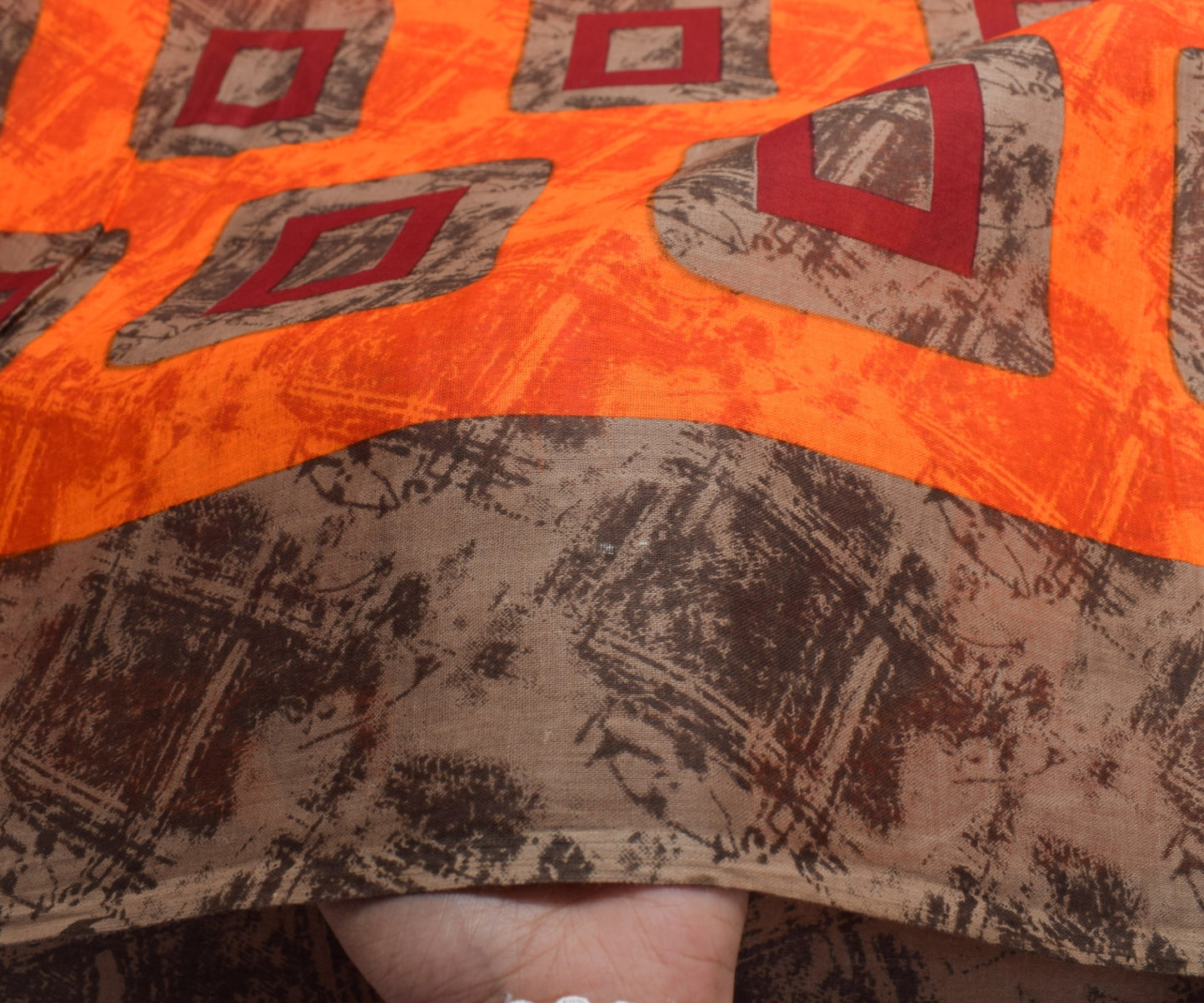 Sushila Vintage Orange Saree 100% Pure Cotton Geometrical Printed Craft Fabric