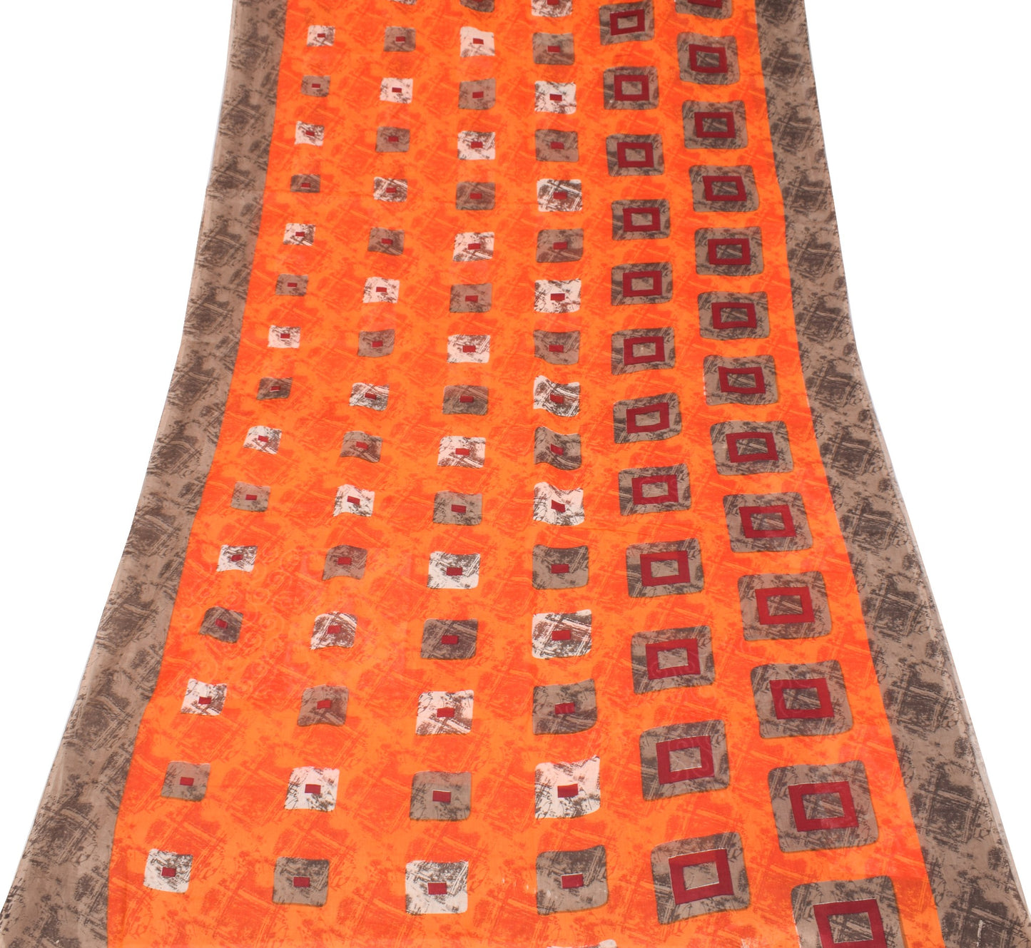 Sushila Vintage Orange Saree 100% Pure Cotton Geometrical Printed Craft Fabric