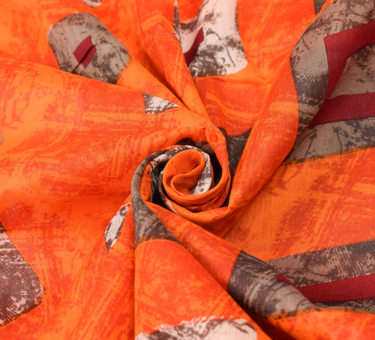 Sushila Vintage Orange Saree 100% Pure Cotton Geometrical Printed Craft Fabric