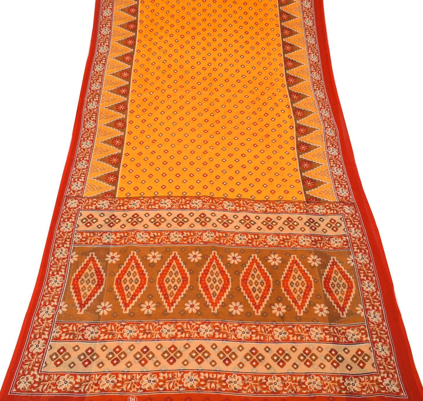 Sushila Vintage Orange Saree Pure Cotton Printed Geometrical Soft Craft Fabric