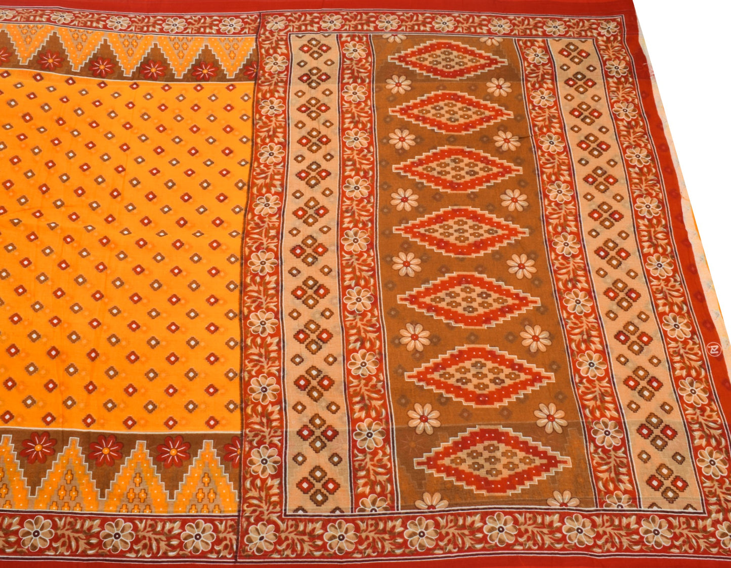 Sushila Vintage Orange Saree Pure Cotton Printed Geometrical Soft Craft Fabric