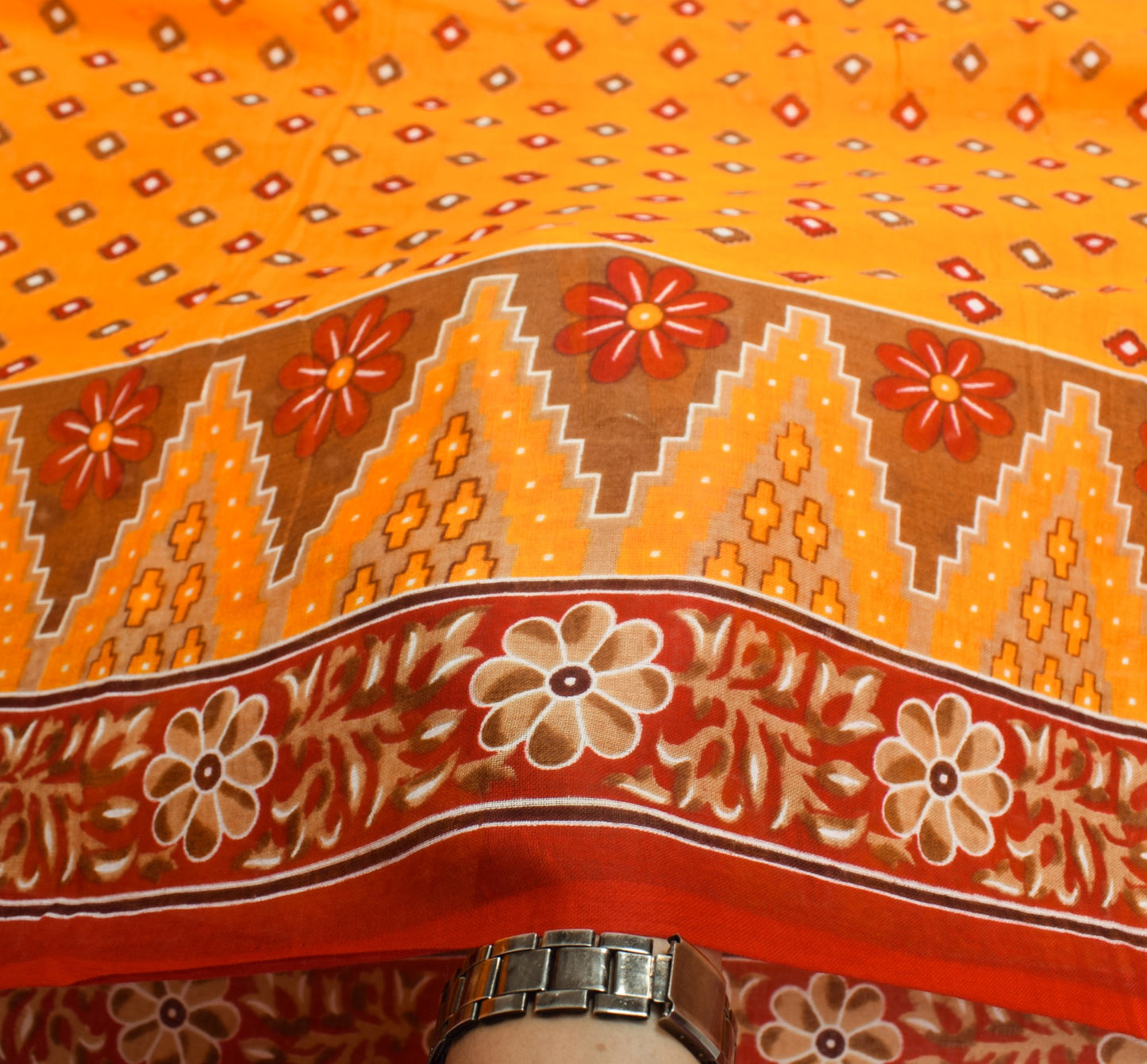 Sushila Vintage Orange Saree Pure Cotton Printed Geometrical Soft Craft Fabric