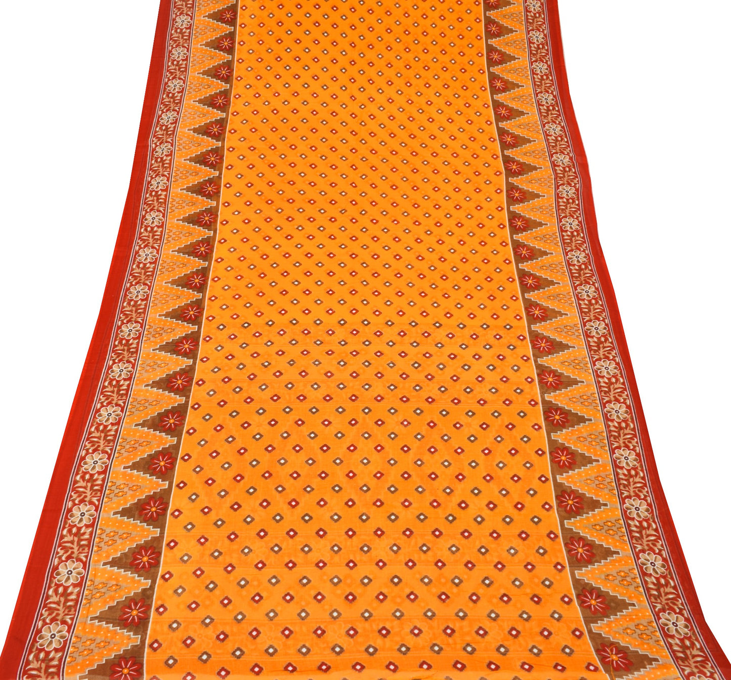Sushila Vintage Orange Saree Pure Cotton Printed Geometrical Soft Craft Fabric