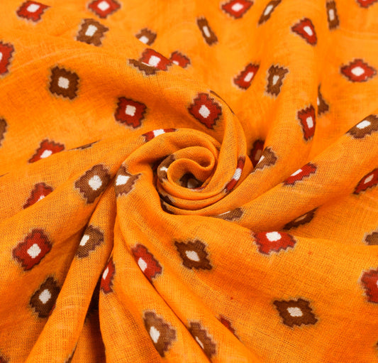 Sushila Vintage Orange Saree Pure Cotton Printed Geometrical Soft Craft Fabric