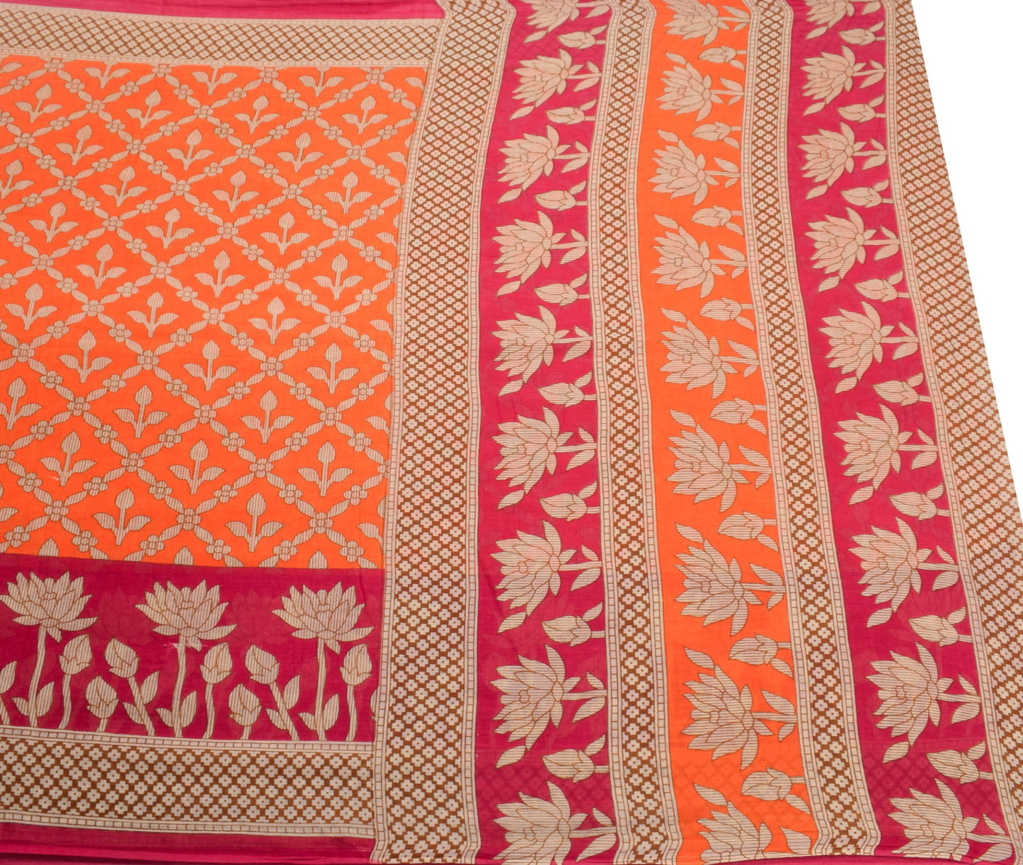 Sushila Vintage Floral Orange Saree 100% Pure Cotton Printed Soft Craft Fabric