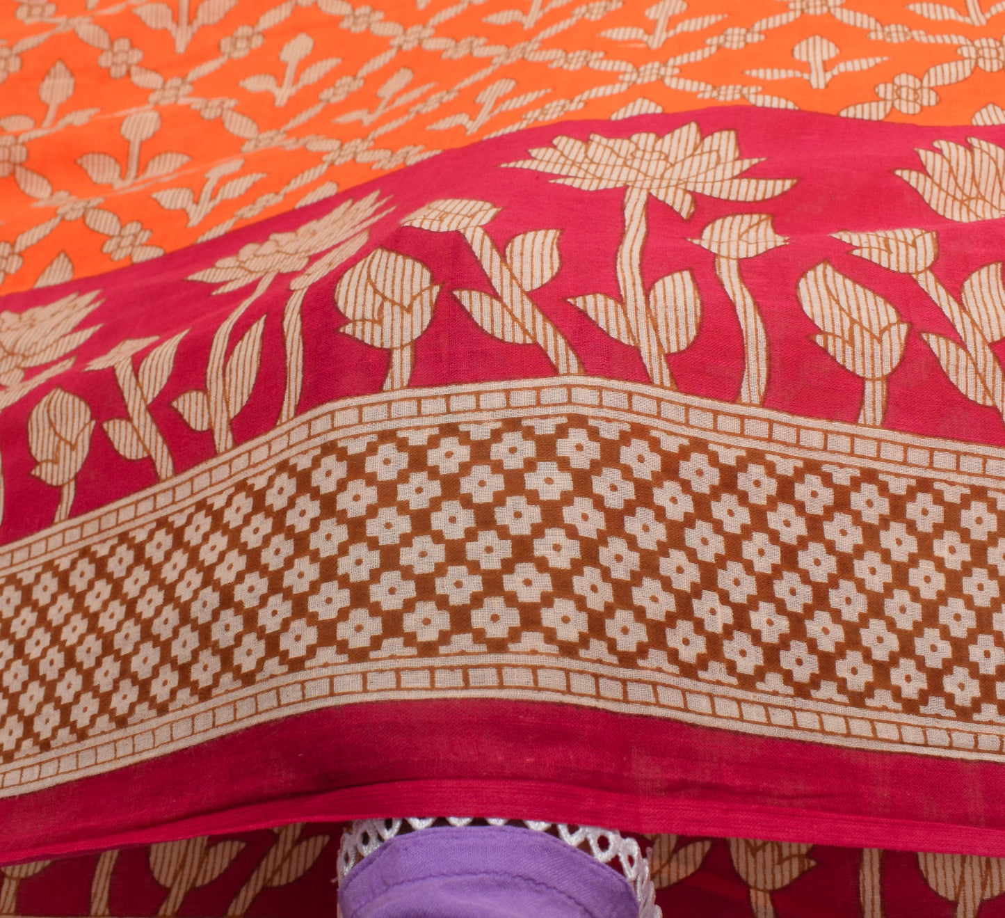 Sushila Vintage Floral Orange Saree 100% Pure Cotton Printed Soft Craft Fabric