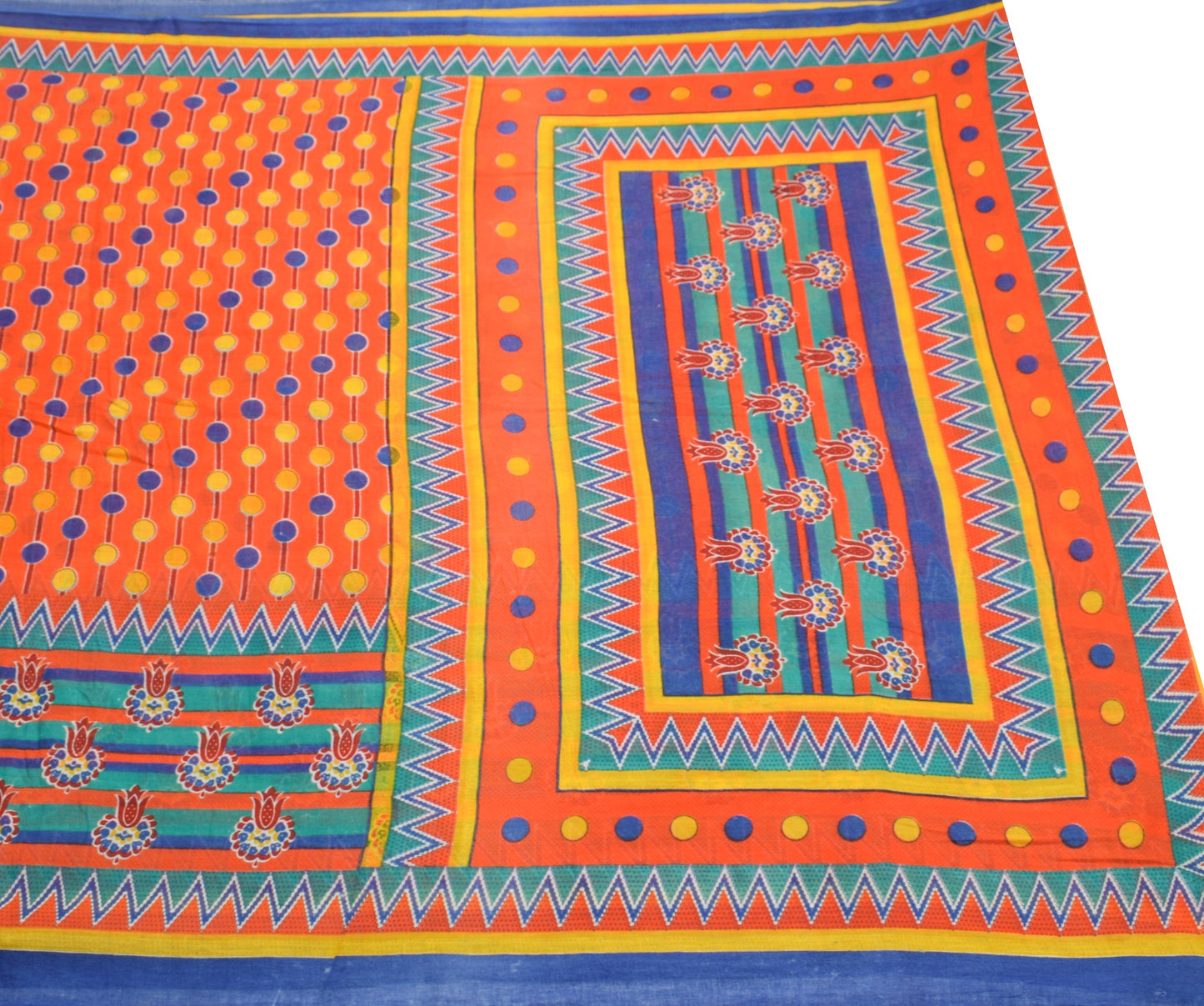 Sushila Vintage Orange Saree Polka Dot Printed 100%Pure Cotton Soft Craft Fabric