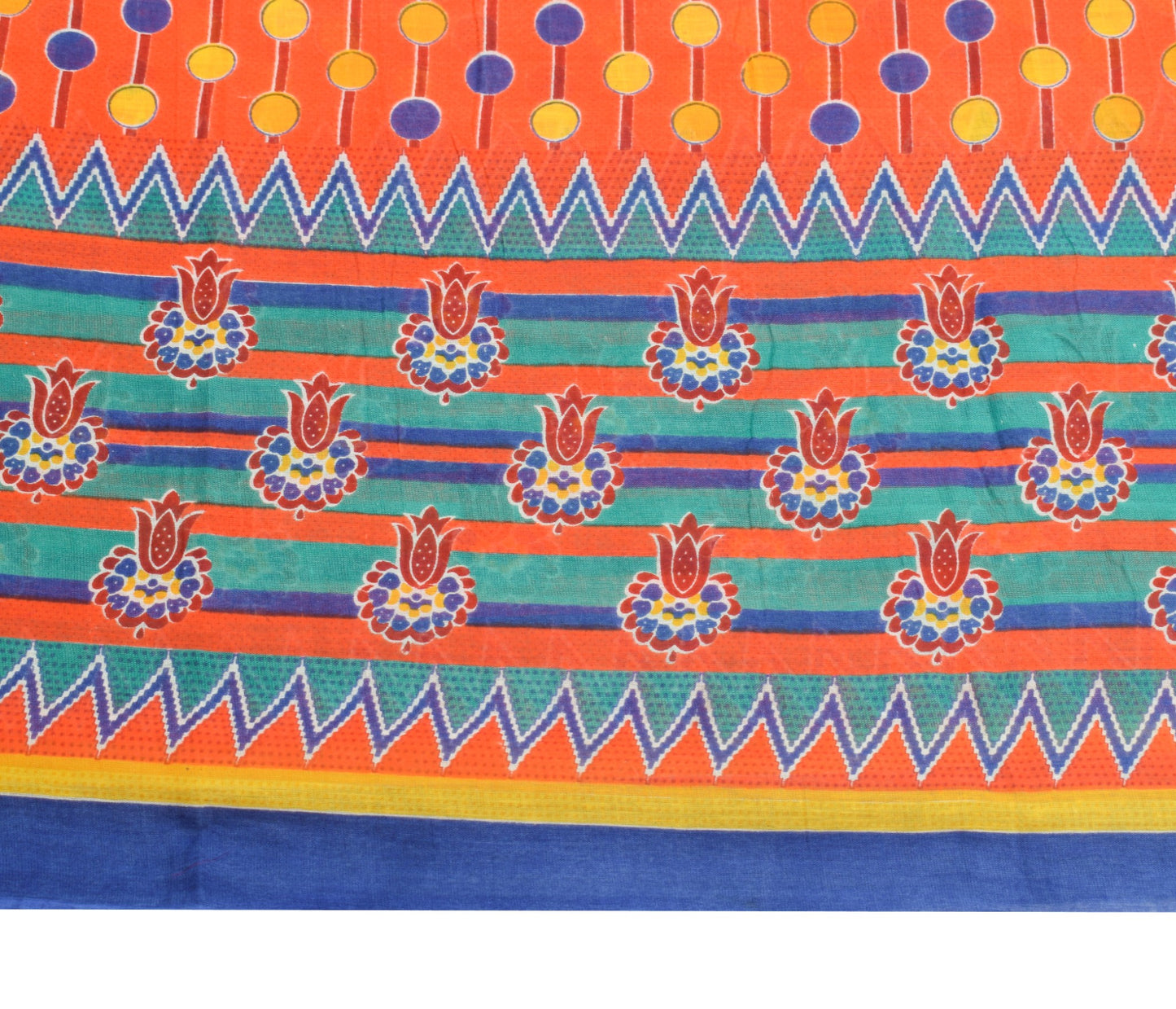 Sushila Vintage Orange Saree Polka Dot Printed 100%Pure Cotton Soft Craft Fabric