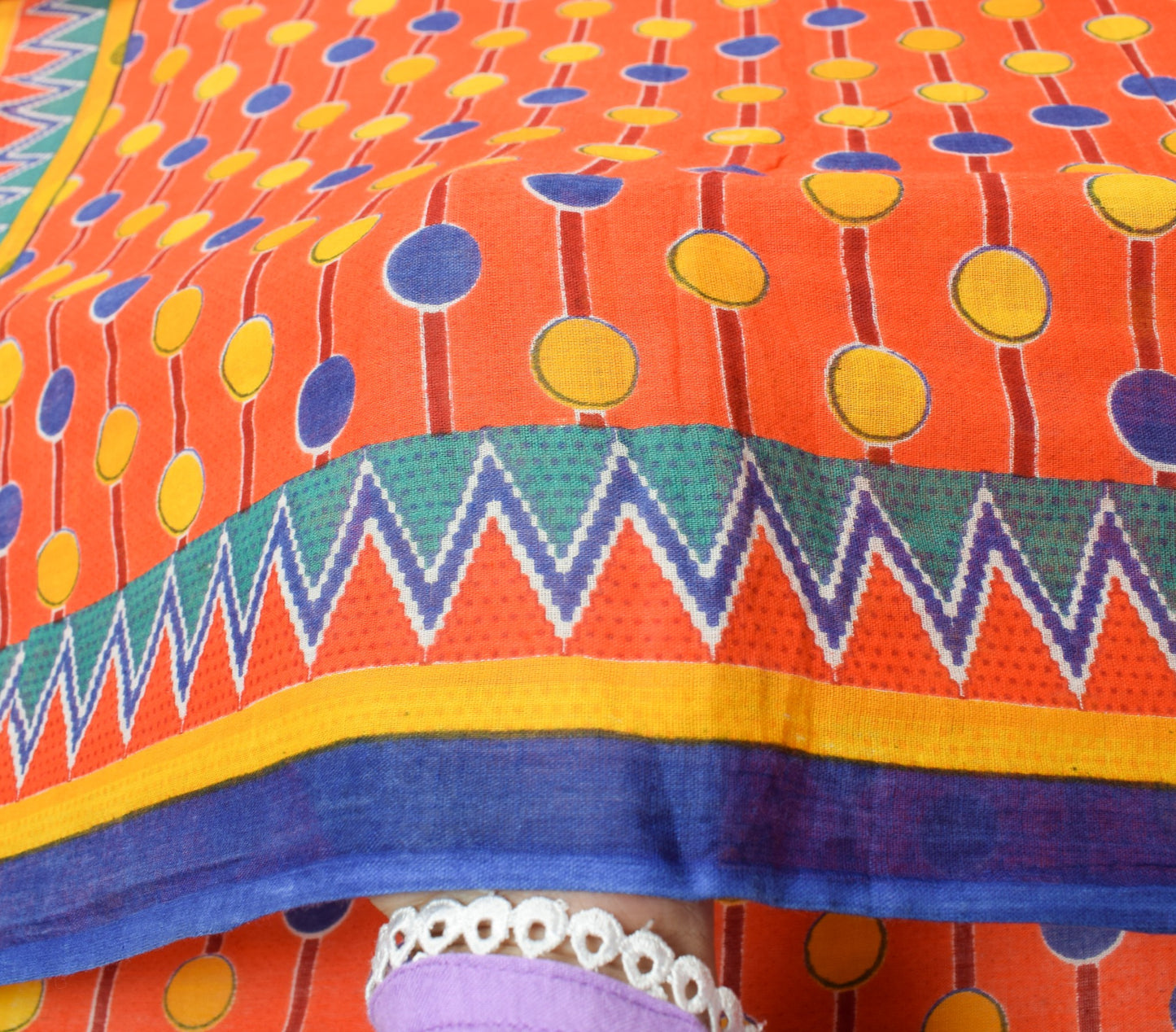 Sushila Vintage Orange Saree Polka Dot Printed 100%Pure Cotton Soft Craft Fabric