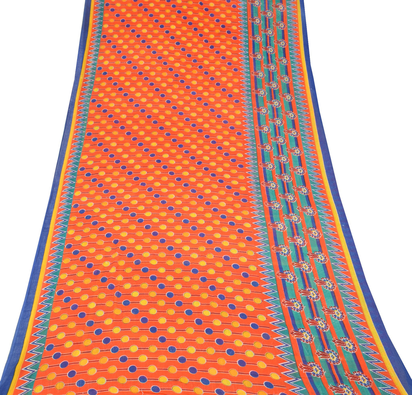 Sushila Vintage Orange Saree Polka Dot Printed 100%Pure Cotton Soft Craft Fabric