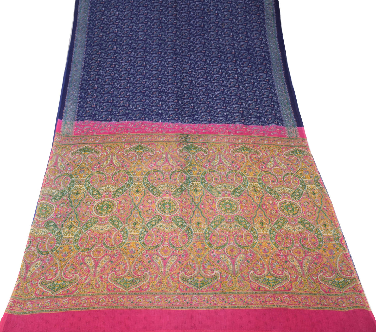 Sushila Vintage Paisley Printed Saree 100% Pure Cotton Blue Soft Craft Fabric