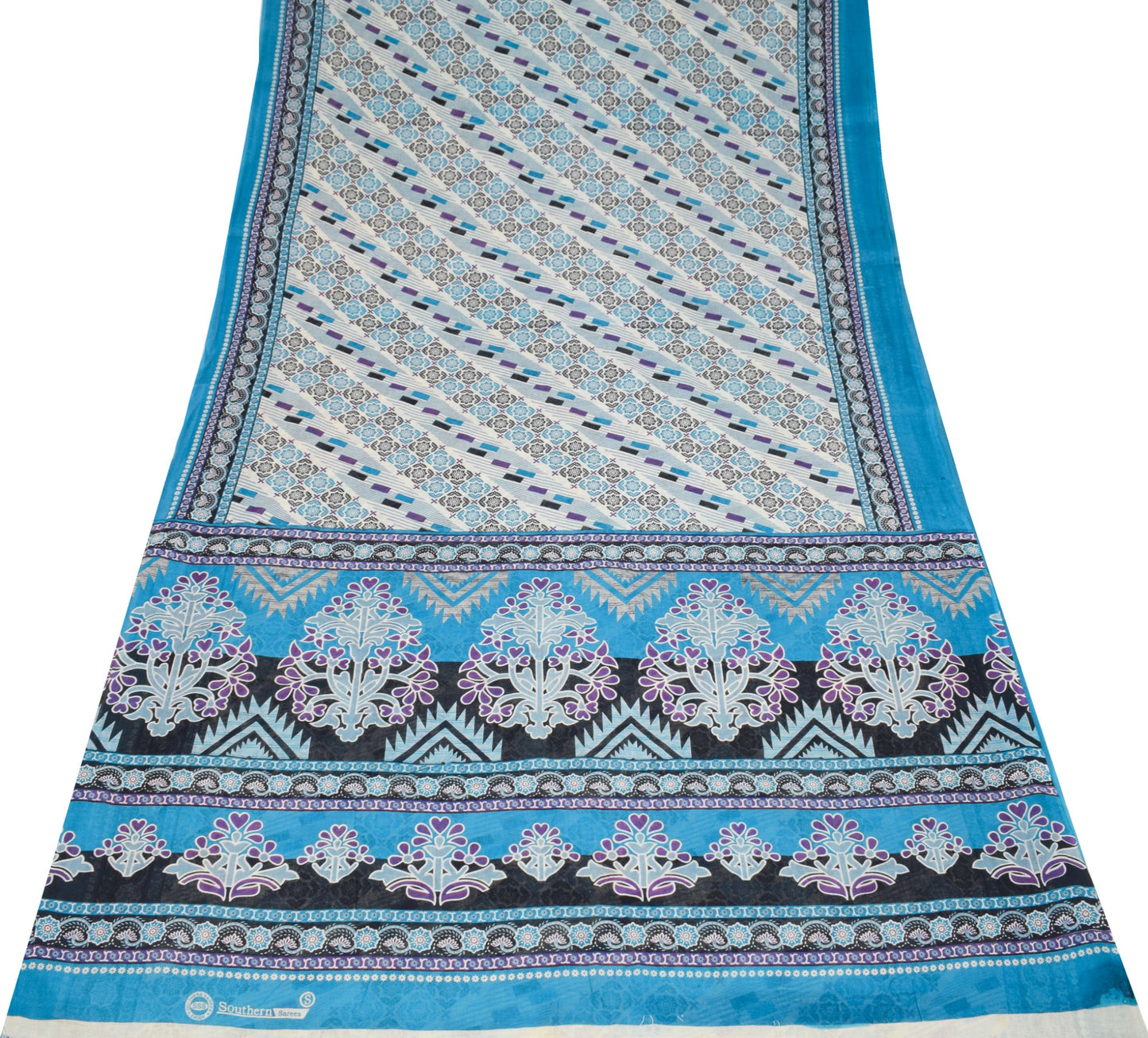 Sushila Vintage Indian Saree 100% Pure Cotton Printed Floral Cream Craft Fabric