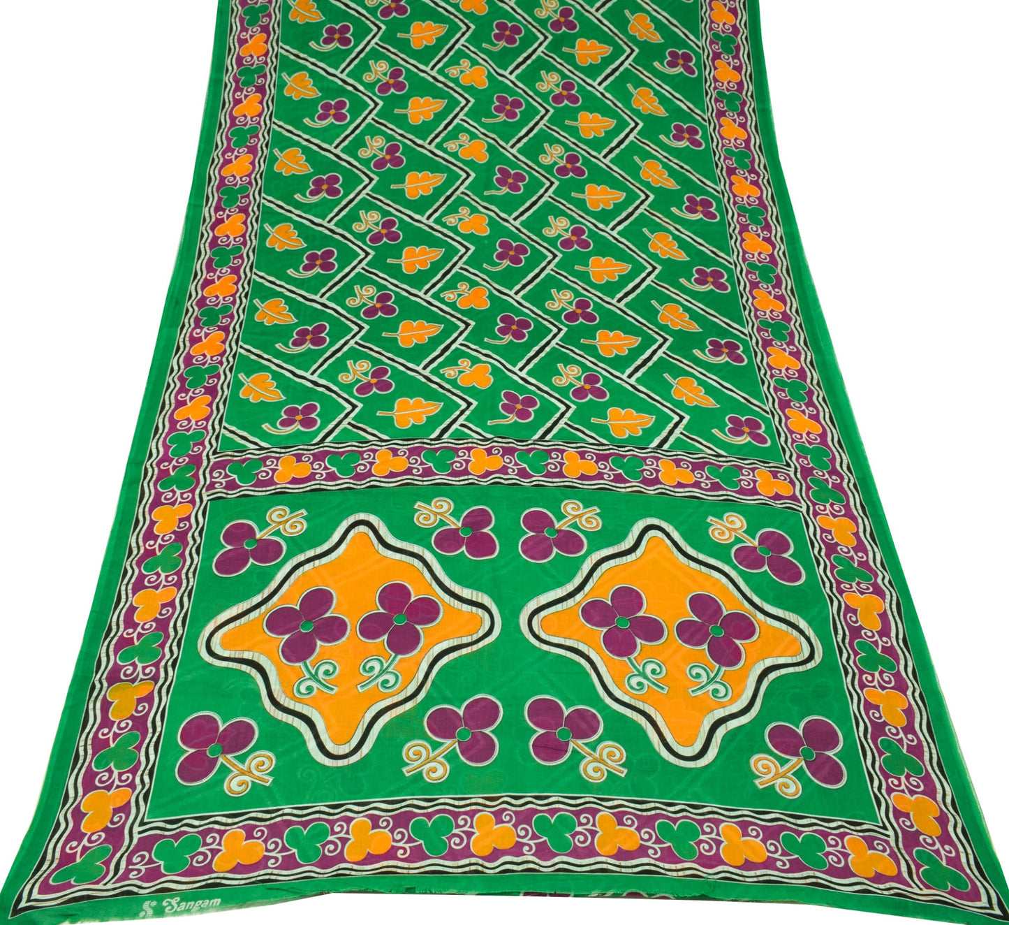 Sushila Vintage Floral Green Saree 100% Pure Cotton Printed Soft Craft Fabric