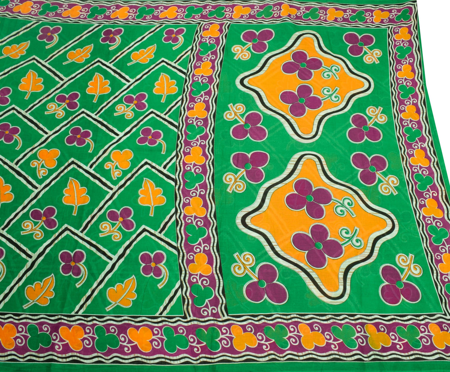 Sushila Vintage Floral Green Saree 100% Pure Cotton Printed Soft Craft Fabric