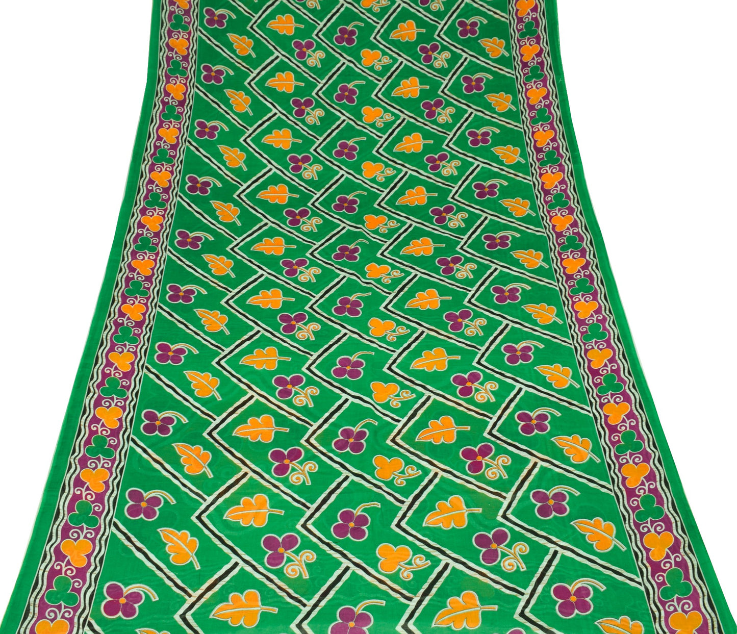 Sushila Vintage Floral Green Saree 100% Pure Cotton Printed Soft Craft Fabric