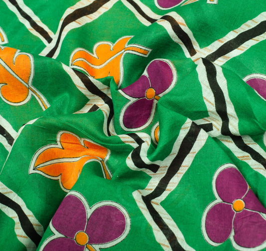 Sushila Vintage Floral Green Saree 100% Pure Cotton Printed Soft Craft Fabric