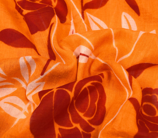 Sushila Vintage Red Orange Saree Pure Cotton Printed Floral Soft Craft Fabric