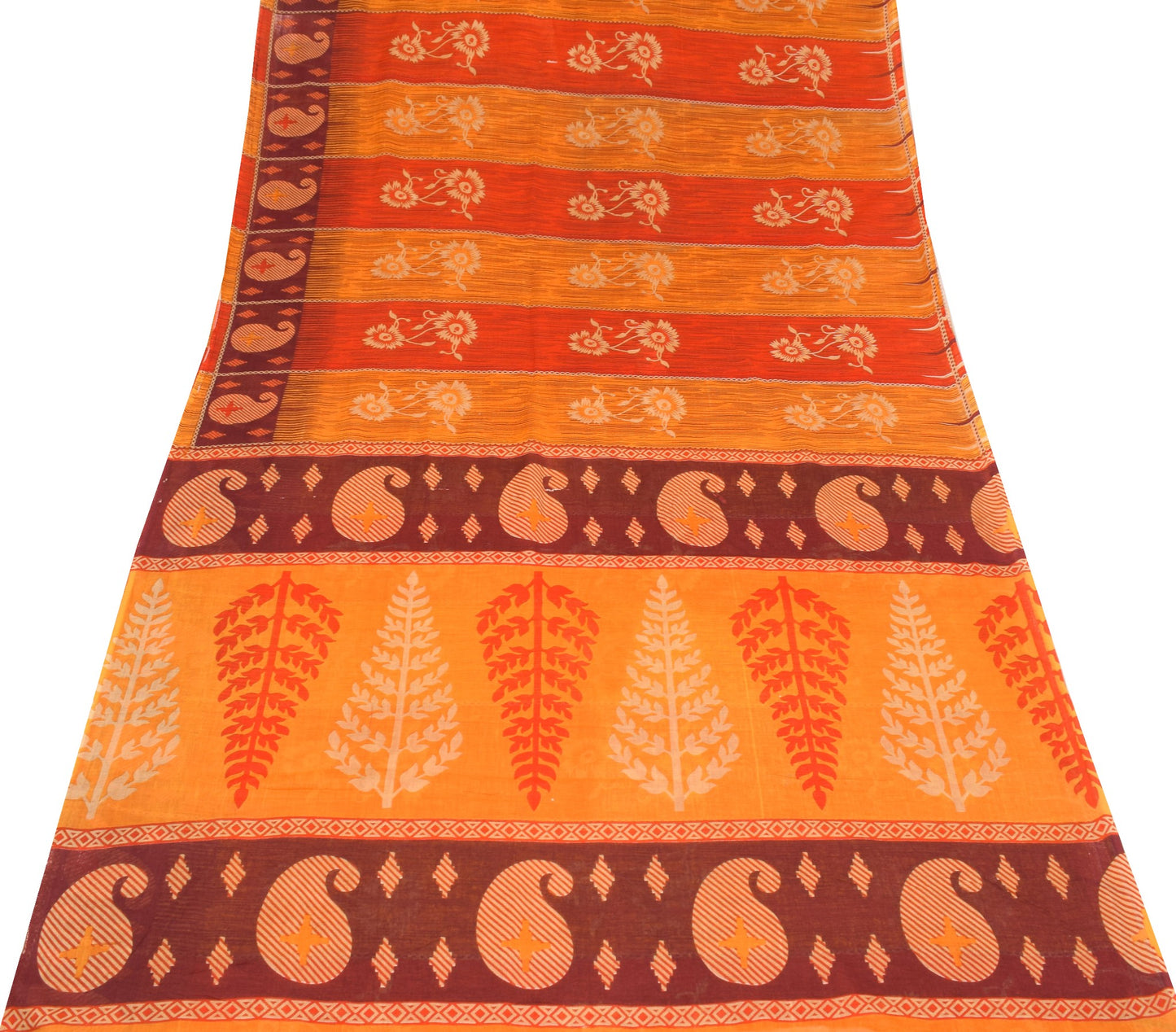 Sushila Vintage 100% Pure Cotton Saree Orange Floral Printed  Soft Craft Fabric