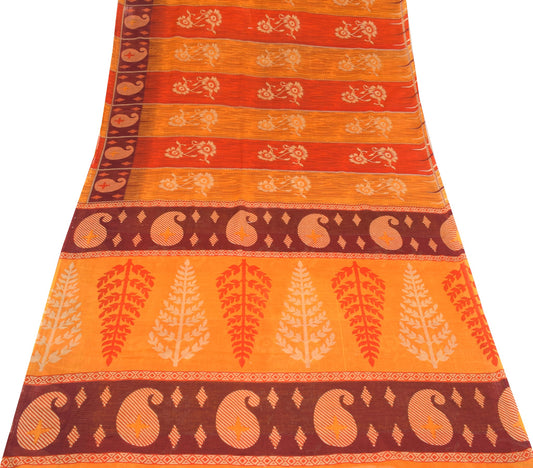 Sushila Vintage 100% Pure Cotton Saree Orange Floral Printed  Soft Craft Fabric