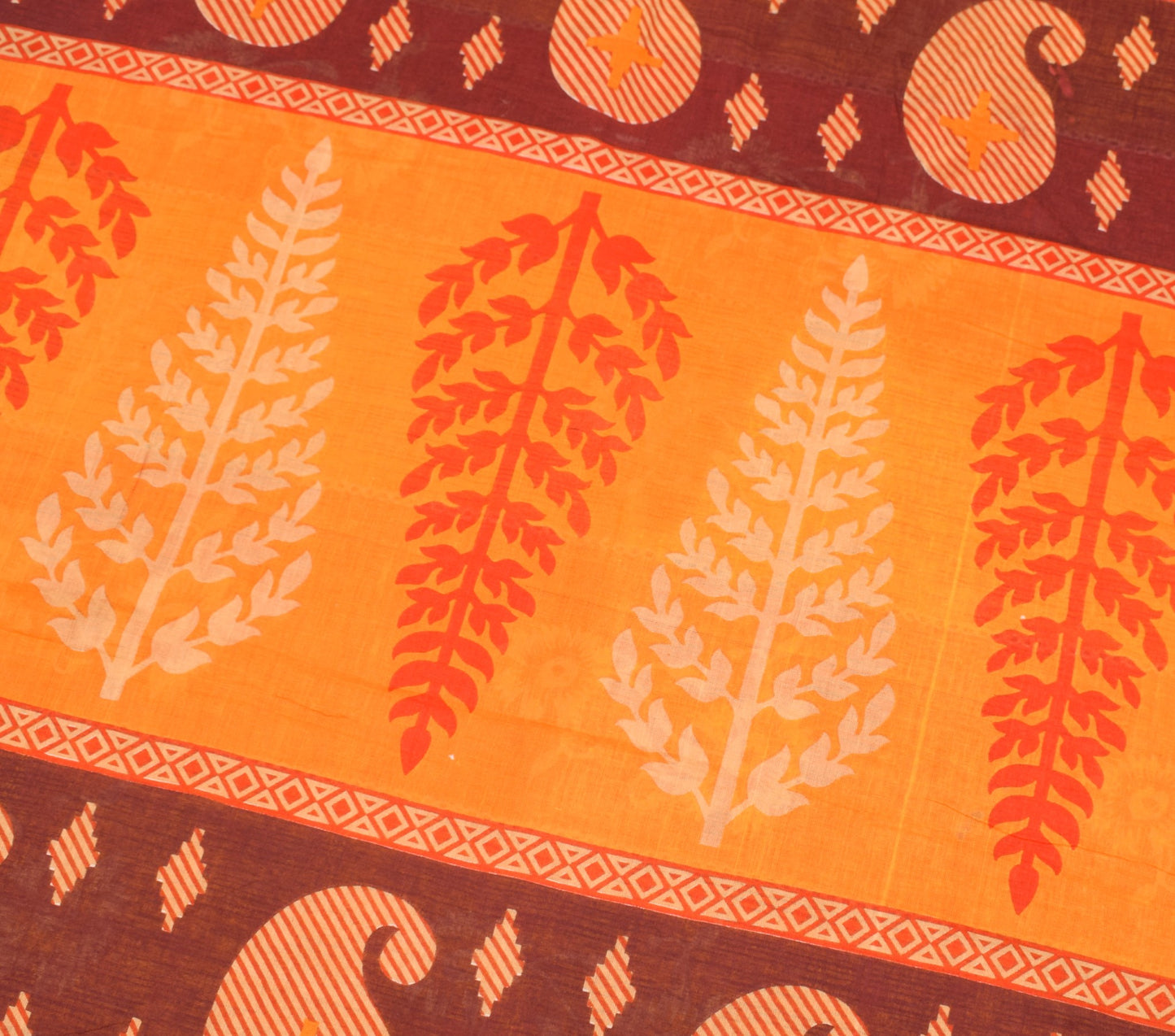 Sushila Vintage 100% Pure Cotton Saree Orange Floral Printed  Soft Craft Fabric