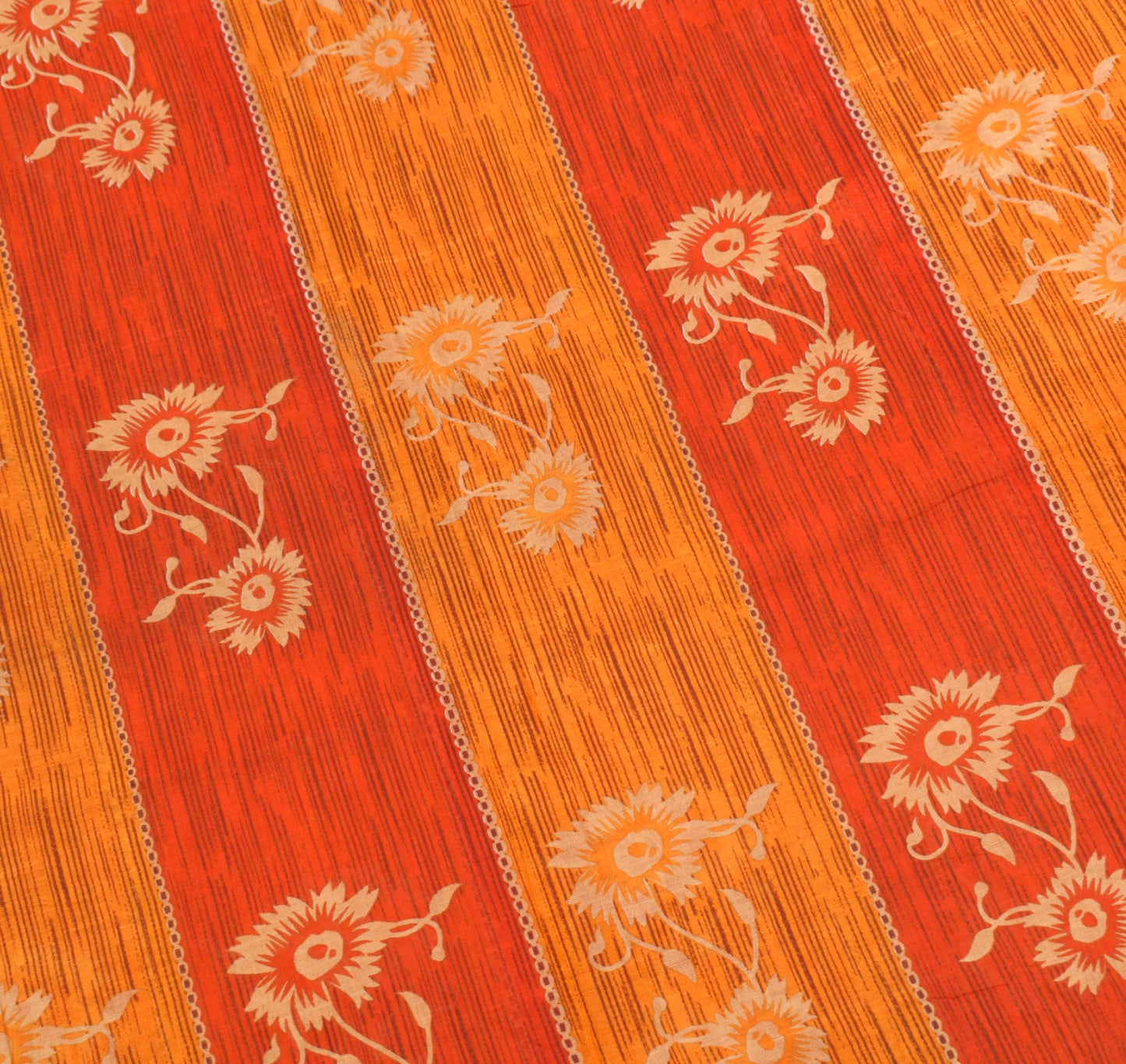 Sushila Vintage 100% Pure Cotton Saree Orange Floral Printed  Soft Craft Fabric