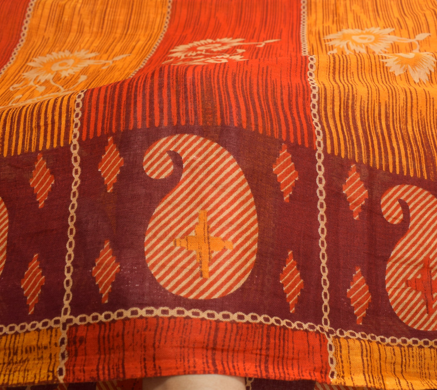 Sushila Vintage 100% Pure Cotton Saree Orange Floral Printed  Soft Craft Fabric