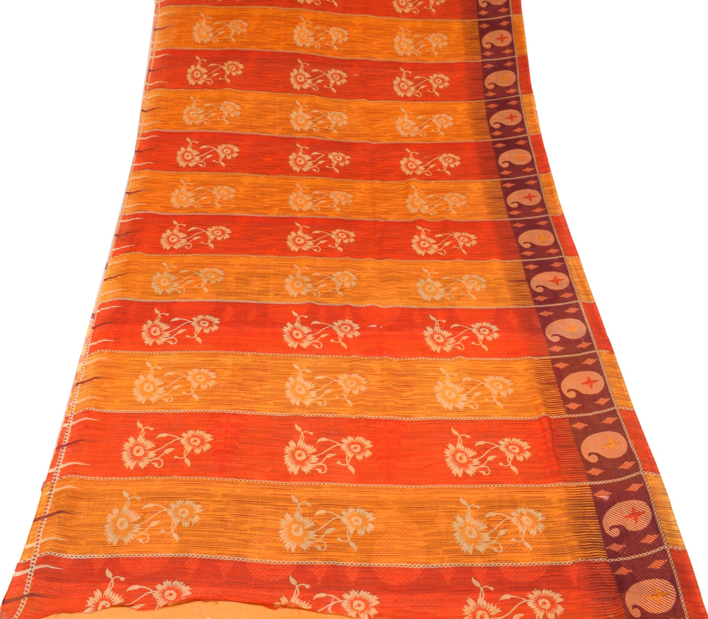 Sushila Vintage 100% Pure Cotton Saree Orange Floral Printed  Soft Craft Fabric