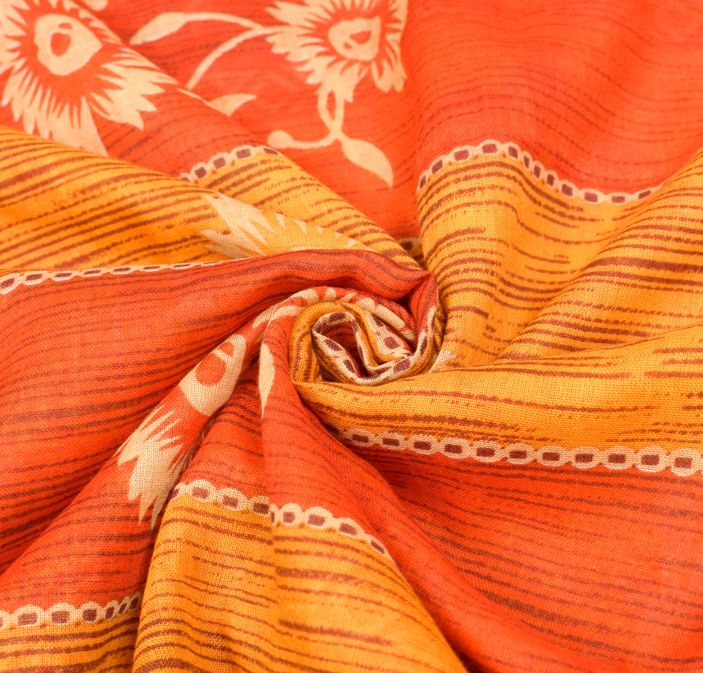 Sushila Vintage 100% Pure Cotton Saree Orange Floral Printed  Soft Craft Fabric